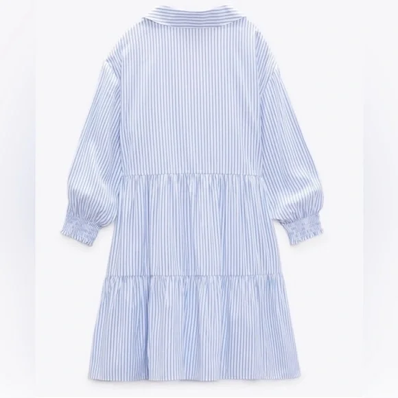 Zara NWOT Women’s Blue & White Vertical Striped Tiered Mini Dress, Size Large. - Picture 3 of 11